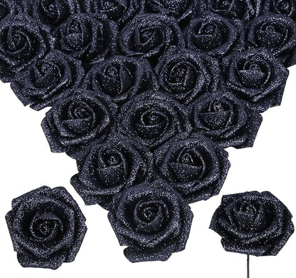Glitter Roses 30pcs 2.56" Artificial Grey Black Roses with Stems for Baby Shower Decorations