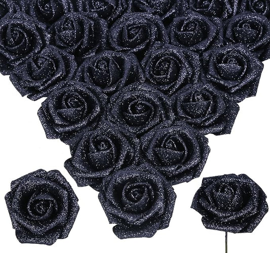 Glitter Roses 30pcs 2.56" Artificial Grey Black Roses with Stems for Baby Shower Decorations