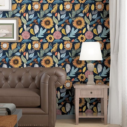 Blue Boho Wallpaper Peel and Stick,Vintage Floral Contact Paper 17.5" x 118", Retro Paisley Flower Botanical Wall Paper Self Adhesive Removable Waterproof for Bathroom Shelves Cabinet Table Decoration