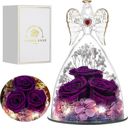 Mothers Day Rose Gifts for Women, Large Angel Figurines with Real Roses, Preserved Real Flower Rose for Her - Purple