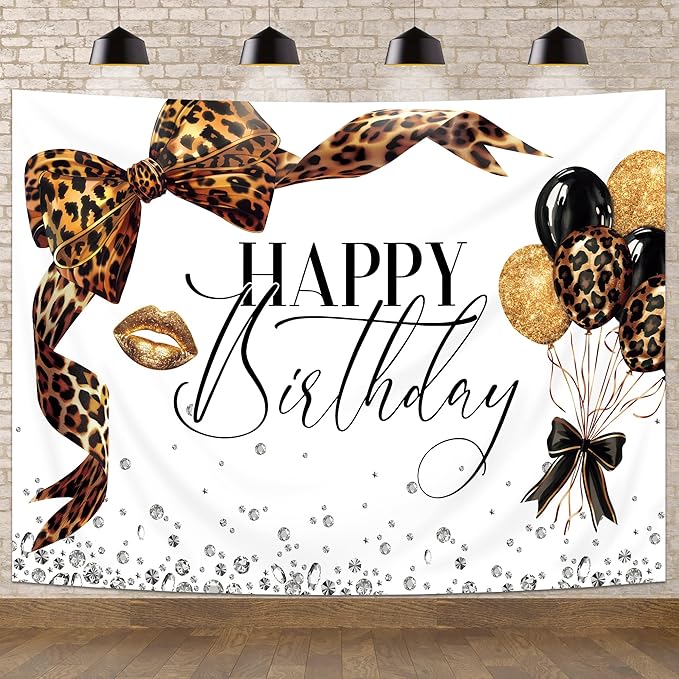 Leopard Print Bow Backdrop 8Wx6H Photography Brown White Gold Beauty Modern Bowknot Balloons Diamond Bownot Background Fashion Girly Party Decorations Banner Photo Booth Props Supplies