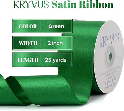 Green Satin Ribbon, Double Faced 2 Inch X 25 Yards Green Ribbon, Premium Satin Ribbon for Gift Wrapping, Crafts, Hair Bow Making, Sewing, Flower Bouquet, Wedding Party Decor