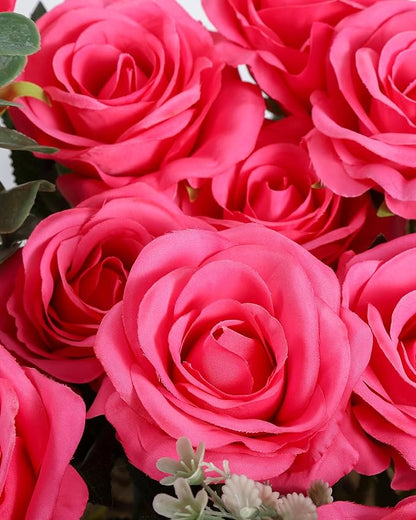 DuHouse 10pcs Fake Roses Artificial Silk Flowers Faux Rose Flower Long Stems Bouquet for Arrangement Wedding Centerpiece Party Home Kitchen Decor(Hot Pink)