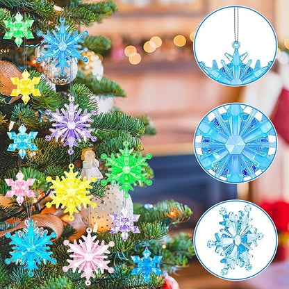 60Pcs Christmas Acrylic Snowflake, Ornaments Winter 3D Translucent Snowflake Hanging Ornaments for Tree Crystal Pendants with Rope for Holiday Party DIY Decor (Multicolor)