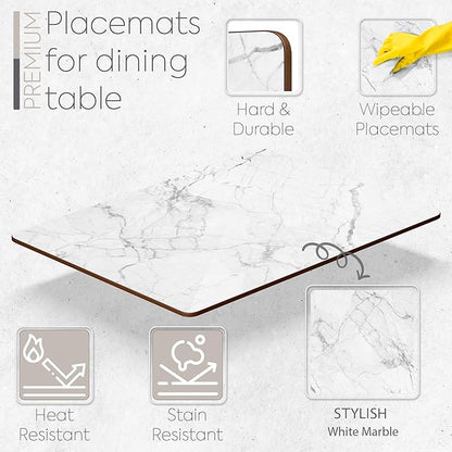 Set of 4 Heat Resistant Cork Placemats for Dining Table with Free Set of 4 Matching Drink Coasters Marble Design 16 x 12 Inches Cork Backed Hard Placemats (White Marble)