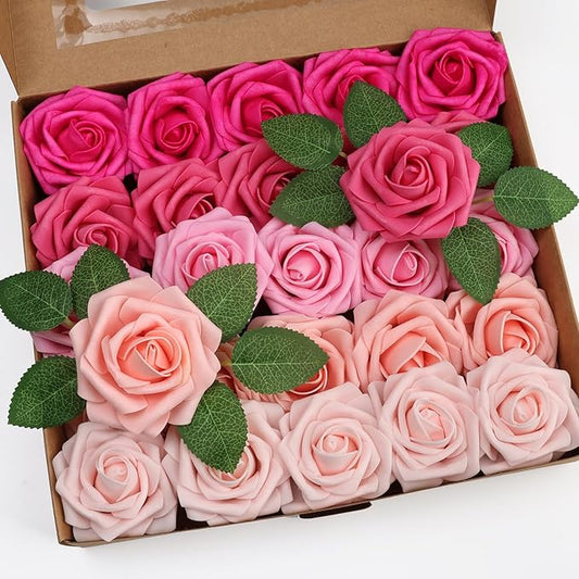 25pcs Artificial Flower，Real Looking Foam Roses w/Stem for DIY Wedding Bouquets Centerpieces Bridal Shower Party Decor-Shades of Hot Pink