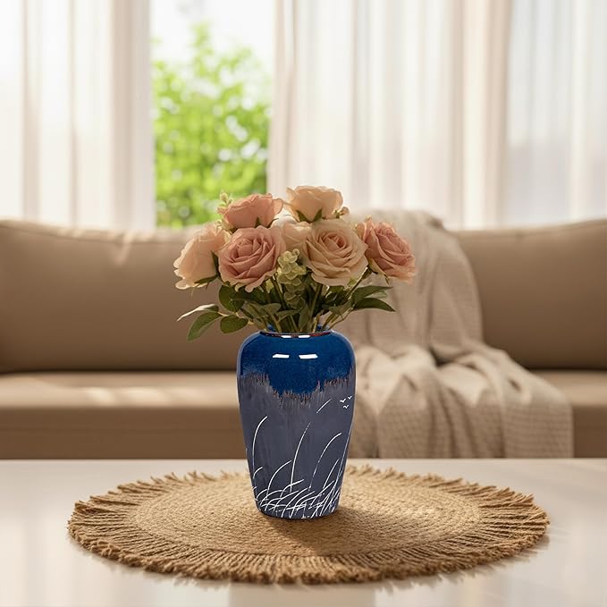 Black and Navy Blue Vase, 8 Inch Dark Blue Ceramic Vase for Flowers, Modern Decorative Vases for Home Decor, Coastal Living Room Decor, Navy Table Centerpiece