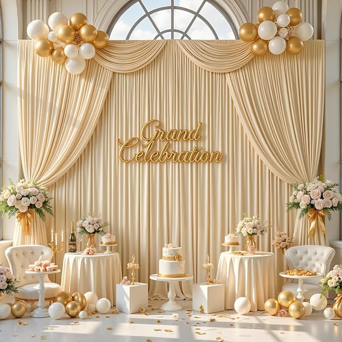 gogoparti 40ft x 12ft Beige Wrinkle-Free Backdrop Curtain for Wedding Parties, Thick Polyester 4 Panels 5x12ft for Wedding Birthday Baby Shower Halloween Photography Party Background