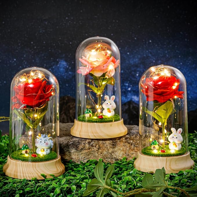 Levvohd Red Roses Birthday Gifts for Mom from Daughte, Beauty and The Beast Rose, Light Up Rose in Dome for Her Girlfriend Mom Christmas Mother Day Valentine Day Gift (Dragon)