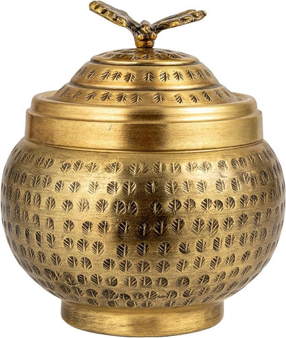 Round Hammered Metal Container with Butterfly Finial, Brass Finish