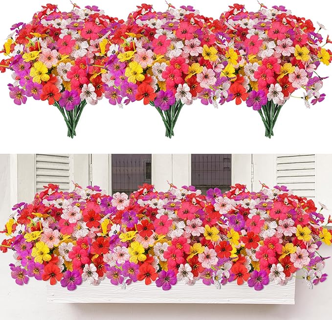 MACTING Artificial Flowers for Outdoors 12 Bundles UV Resistant Fake Flowers Faux Plastic Plants No Fade for Hanging Planters Window Patio Porch Yard Indoor Outdoor Summer Decorations(Mix Color-1)
