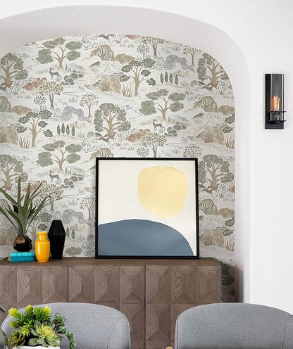 Erfoni 16.9"x197" Boho Forest Peel and Stick Wallpaper Green/Brown/White Contact Paper Forest Self Adhsive Peel and Stick Contact Paper DIY Removable Wallpaper for Bedroom Kids Nursery Decor