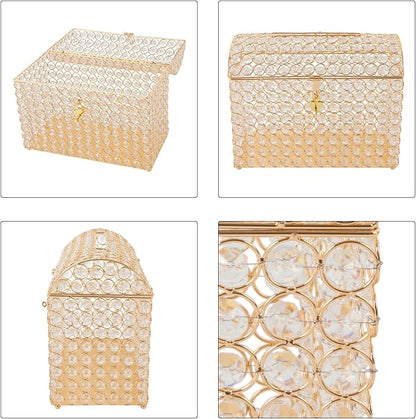 Crystal Wedding Card Box With Heart Lock, Gold Crystal Treasure Chest Money Card Gift Decorative Memory Box for Wedding Birthday Graduation Party