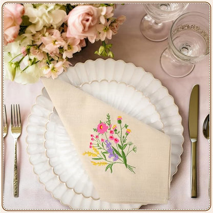 Tioncy 12 Pcs Christmas Floral Cloth Napkins Decorations Bulk Embroidered Wildflower Dinner Napkins Tea Cocktail Party Gifts Xmas Stocking Stuffers for Holiday Table Decor (Linen)