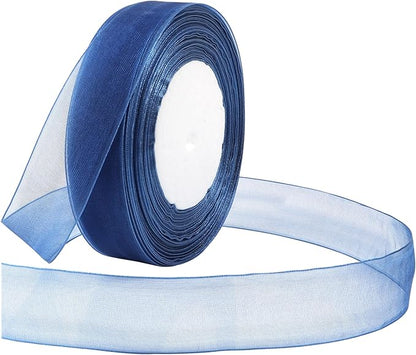 Navy Blue Ribbon for Gift Wrapping 1 inch Sheer Organza Ribbon for Flower Bouquet Tulle Thin Chiffon Ribbons for Wedding Invitations Presents Decorations Crafts 50 Yards