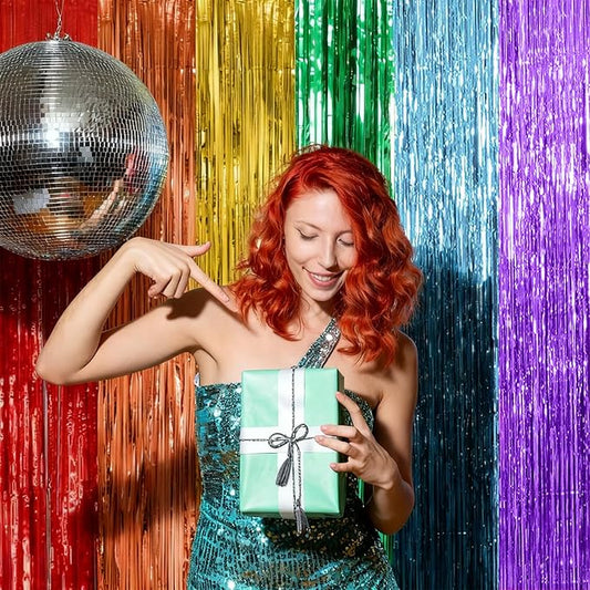 5 Pack Rainbow Party Backdrop Streamers Decorations Colorful Foil Fringe Curtains Metallic Tinsel Backdrop for Birthday First Day of School Engagement Baby Shower Christmas Holiday Party Decor