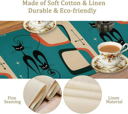 Mid Century Modern Black Cat Table Runner,Table Runners for Kitchen Dining Modern Tables Decor Decoration for Kitchen Family Dinner Table Holiday Party Farmhouse 13 x 36 Inch Blue
