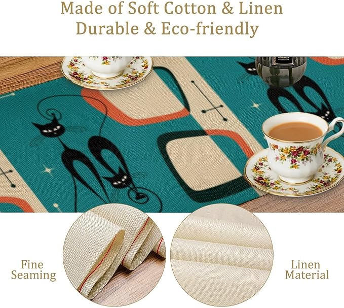 Mid Century Modern Black Cat Table Runner,Table Runners for Kitchen Dining Modern Tables Decor Decoration for Kitchen Family Dinner Table Holiday Party Farmhouse 13 x 120 Inch Blue