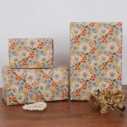 Aimyoo Watercolor Floral Kraft Wrapping Paper Roll, 17 inch x 32.8 ft All Occasion Vintage Flower Gift Wrap for Wedding Birthday Bridal Shower