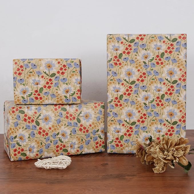 Aimyoo Watercolor Floral Kraft Wrapping Paper Roll, 17 inch x 16.4 ft All Occasion Vintage Flower Gift Wrap for Wedding Birthday Bridal Shower