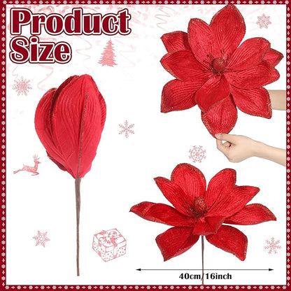 8 Pcs Large Christmas Flower Magnolia Flowers Christmas Tree Decoration Artificial Poinsettia Stems Velvet Xmas Ornaments for Xmas Tree Table Decor (Burgundy,16 Inch)