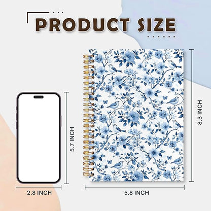 VIIJJUE Chinoiserie Blue and White Porcelain Notebook Journal, Blue Flowers Notebooks for Note Taking, Hardcover Spiral Journal 5.5x8.3 Inch