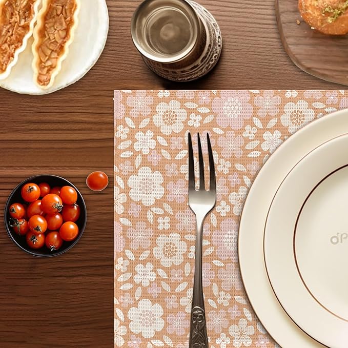Spring Summer Flower Placemats Set of 6,Washable Heat Resistant 12×18 Inch Linen Table Mats Cute Floral Place Mats for Party Outdoor Dining Décor