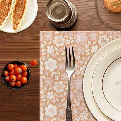 Spring Summer Flower Placemats Set of 6,Washable Heat Resistant 12×18 Inch Linen Table Mats Cute Floral Place Mats for Party Outdoor Dining Décor