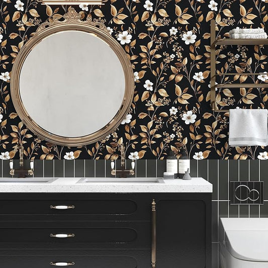 Extra Long Vintage Gold Wallpaper, 17.5" x 393" Classic Black and Gold Floral Self-Adhesive Vinyl Contact Paper for Bedroom, Powder Room, Countertop, Removable Antique Dark Metallic Home Decor