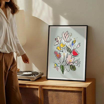 Abstract Floral Framed Wall Art for Bedroom, Colorful Botanical Canvas Prints, Hummingbird Painting Picture, Flower and Bird Wall Decor for Living Room Apartment Dorm Gallery, Hand-drawn Style Canvas Wall Art, Gifts for Friends & Family – 24" x 18"