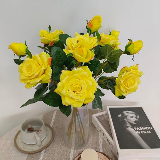 ATFL Fake Flowers, Yellow Rose,6 Pcs Faux Silk Real Touch Moisturizing Artificial Rose Flowers for Decoration,Flores Irosas Artificiales para Decoracion (6, Yellow)
