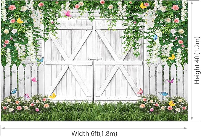 AOFOTO White Barn Door Floral Backdrop 6x4ft Spring Garden Background Banner Green Leaves Flowers Butterfly Wooden Door Backdrops Birthday Bridal Shower Wedding Banner Photo Booth Studio Props