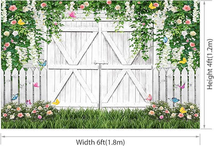 AOFOTO White Barn Door Floral Backdrop 6x4ft Spring Garden Background Banner Green Leaves Flowers Butterfly Wooden Door Backdrops Birthday Bridal Shower Wedding Banner Photo Booth Studio Props
