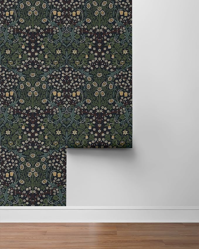 NextWall Seabrook Designs Victorian Garden Floral Vintage Prepasted Wallpaper (Midnight Blue & Evergreen)