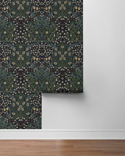 NextWall Seabrook Designs Victorian Garden Floral Vintage Prepasted Wallpaper (Midnight Blue & Evergreen)
