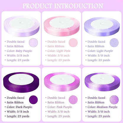 3/8" 6 Colors X 25 Yards Purple Satin Ribbon,150 Yards Assorted Colors Satin Ribbons for Flower Bouquet,Ribbons for Gift Wrapping Happy Birthday Party Decorations