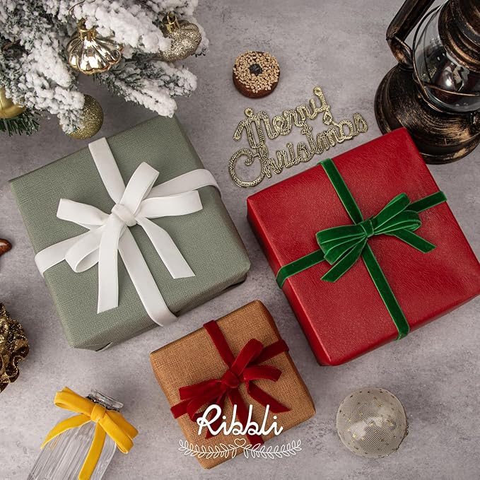 Ribbli Polyester Off White Velvet Ribbon,1 Inches Continuous10-Yard Spool,Christmas Ribbon for Gift Wrapping,Floral Bouquets, Home Decor