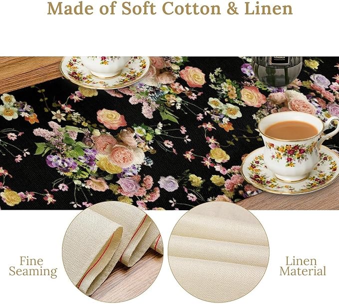 Vintage Floral Table Runner,Gothic Retro Flowers Spring Summer Seasonal Table Runner for Home Kitchen Table Dining Indoor Outdoor Party Decor 13x90 Inch