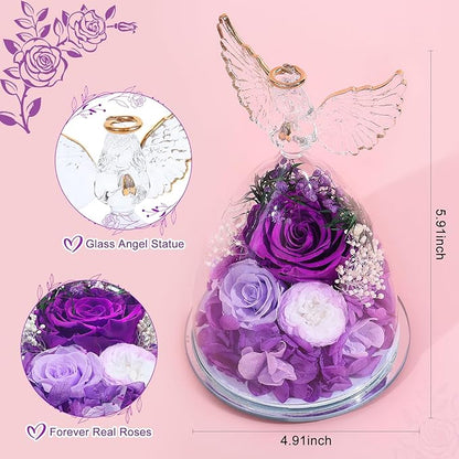FIACO Gifts for Women Mom Christmas Preserved Rose Fresh Flowers for Delivery Birthday Gifts for Grandma Mother Wife Friends Forever Flower Eternal Purple Roses in Glass Angel Figurines