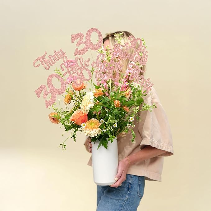Gyufise 15Pcs 30th Birthday Centerpiece Sticks Thirty Happy 30th Table Flower Centerpieces Sticks Cheers to 30 Floral Decorations for 30th Birthday Party Centerpieces Supplies Rose Gold
