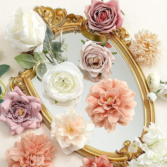 YYHUAWU Artificial Flowers Combo Set Fake Flower Leaf Box with Stems for DIY Wedding Bouquets Centerpieces Flower Arrangements Decorations Baby Shower Party Home Decorations White Pink