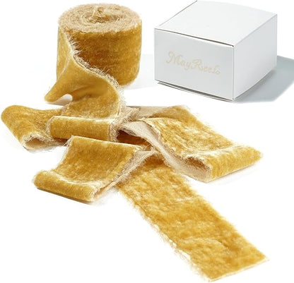 MAYREEL 2 Inch Gold Velvet Ribbon Hand Torn Golden Silk Frayed Edge for Bridal Bouquets Invitations Wedding Vow Books Gift Baskets Hair Bows 3 Yards