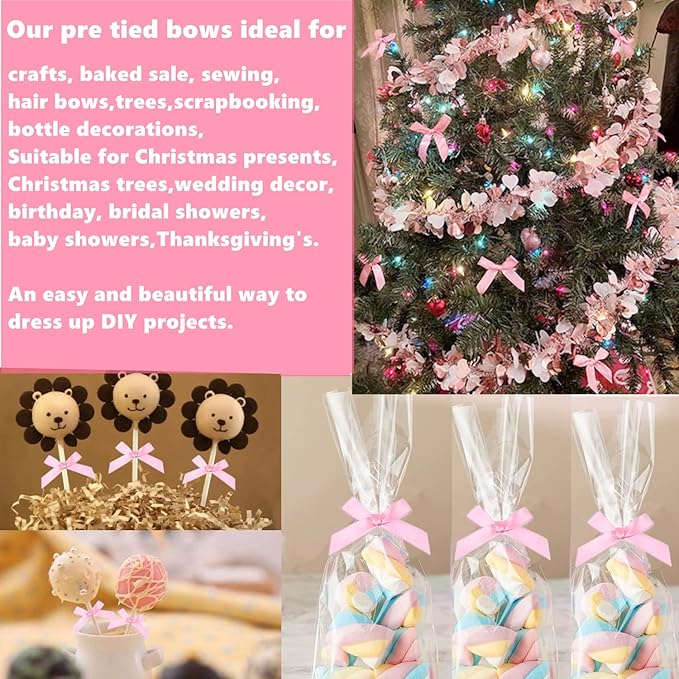 50 PCS 3 Inches Satin Bow Twist Ties, Ribbon Twist Tie Bows for Treat Bags, Pink Pretied Bows, Twist Bows, Tied Bows with Wire for Bags, Pre Tied Ribbon Bows for Baby Shower, Favors, Popcorn