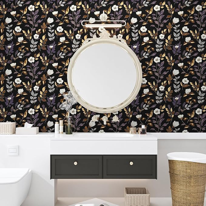 Dark Floral Wallpaper Peel and Stick Vintage Gold Leaf Contact Paper Black Floral Wallpaper Waterproof Self-Adhesive Wall Covering for Bedroom Countertop Desk Cabinets 17.4" x 393"