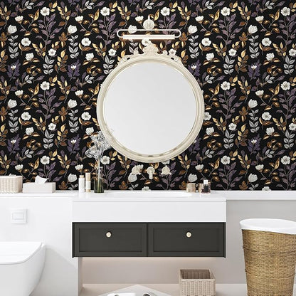 Dark Floral Wallpaper Peel and Stick Vintage Gold Leaf Contact Paper Black Floral Wallpaper Waterproof Self-Adhesive Wall Covering for Bedroom Countertop Desk Cabinets 17.4" x 393"