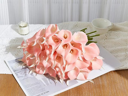 24 Pcs Pink Artificial Calla Lily Flowers Fake Pink Silk Flowers Real Touch for Wedding Bouquet Office Home Kitchen Decor