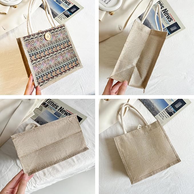 Women Tote Bag,2Pcs Jute Casual Tote's Handbag Embroidered Personalized Bento Bag,Reusable Grocery Bags Shopping Bags