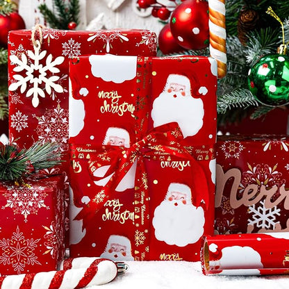 MAYPLUSS Red Christmas Wrapping Paper Roll - 17IN X 33FT - Santa Gift Wrapping Paper Featuring Santa Claus Gold Merry Christmas Reversible Snowflake for Kids, Holiday, New Year