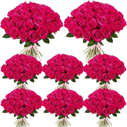 80 Pcs Roses Artificial Flowers, Silk Hot Pink Artificial Flowers Petals Long Stem Roses for Wedding Bouquet Home Party Decor