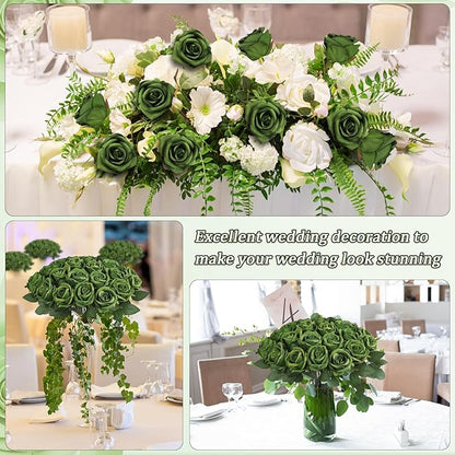 30pcs Fake Roses Artificial Silk Flowers Long Stems Bouquet for Wedding Bridal Shower Party Home Decoration (Green)